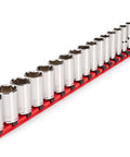 3/8 Inch Drive Semi-Deep 6-Point Socket Set With Rail, 19-Piece, Includes 6-24 mm Sockets, Heavy Duty Rail Kit displayed diagonally