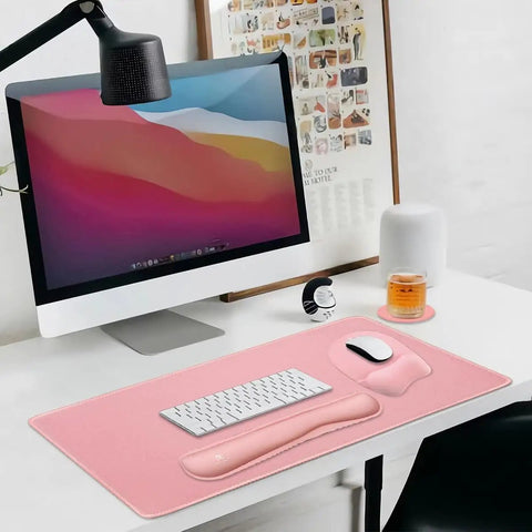 4-In-1 Memory Foam Keyboard Wrist Rest And Large Mouse Pad Desk Mat Set Pink Ergonomic Cozy Hand Cushion For Home Office And Gaming Game-Ready Desk Pad With Keyboard And Mouse Support on white desk