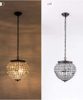 14 inch Crystal Pendant Light, 2-Light Antique Bronze Small Chandelier in on and off states, showcasing vintage crystal globe design.