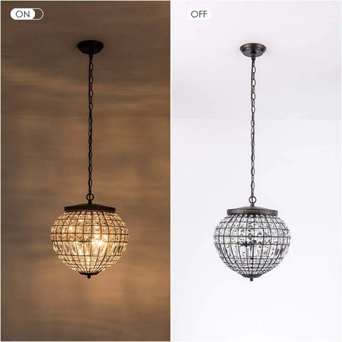 14 inch Crystal Pendant Light, 2-Light Antique Bronze Small Chandelier in on and off states, showcasing vintage crystal globe design.