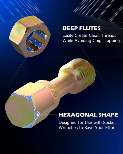 Thread chaser tool with hexagonal head and blue deep-flute threads, gold finish