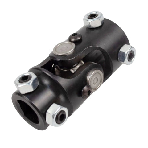Double D Steering Universal Joint Shaft One Inch By Three Quarter Inch Black U Joint 83mm total length, angled view