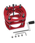 Heavy Duty Router Lift Upgrade For 65mm Trim Motors Featuring Rock Solid Aluminum Alloy Router Table Insert Plate And Buttery Smooth Precision Height Adjustment Red parts and assembly kit on a white background.