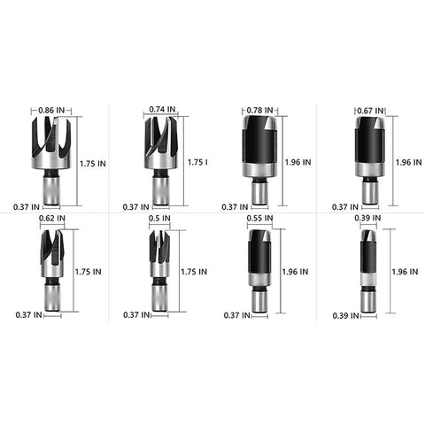 Boss Level 8 Piece Plug Cutter Drill Bit Set Premium Carbon Steel Hole Saw Kit for precision woodworking drill bits of various sizes.