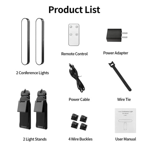 Product list showing components of Dual Lamp Ring Light For Video Calls And Live Streaming with remote and touch dimming.