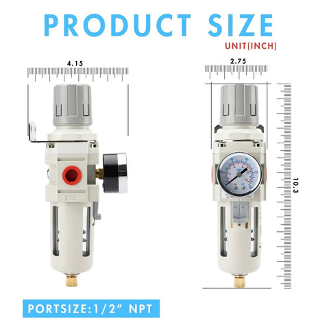 Half Inch NPT Air Pressure Regulator Water Separator for Air Compressors With 0 To 150 Psi Gauge Semi Auto Drain 5 Micron Brass Filter Poly Bowl Metal Bracket shown with measurements