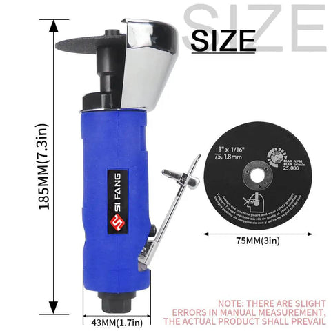 3 Inch Air Cut Off Tool Kit With Five 3 Inch Cutting Discs showing dimensions and features in blue aluminum housing
