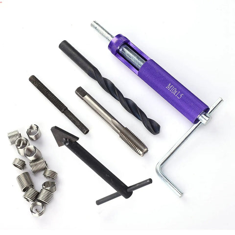 Premium Stainless Steel Thread Repair Insert Kit For 10 X 1.25 Threads M10 Fix Stripped Bolt Holes In Soft Metals With Heavy Duty Drill Tap Install Tool Set, with drill, tap, inserts, and handle