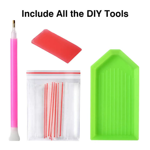 Navy Carrier Diamond Painting Kit tools including pink pen, wax pad, green tray, and bag with sticks.