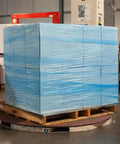 Straight Up Heavy Duty Boss Pack 20 Rolls 20 Inch By 5000 Feet 80 Gauge Tinted Blue Machine Stretch Film Pallet Wrap on wooden pallet.