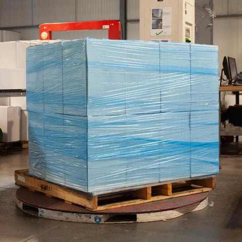 Straight Up Heavy Duty Boss Pack 20 Rolls 20 Inch By 5000 Feet 80 Gauge Tinted Blue Machine Stretch Film Pallet Wrap on wooden pallet.