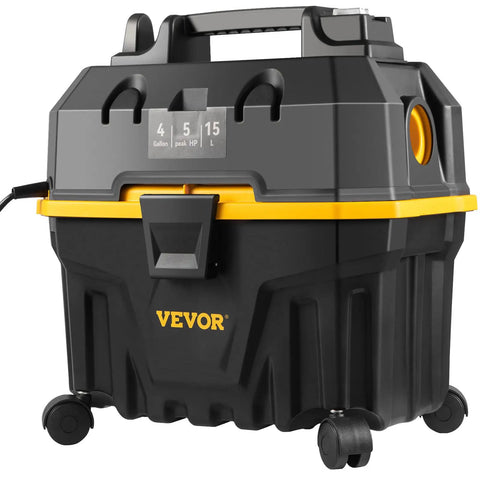 Workhorse 4 Gallon Wet Dry Vacuum With 5 Peak HP Motor Quiet Yet Mighty Suction 65 CFM Airflow Built In Blower 3 In 1 Crevice Nozzle And All Purpose Attachments For Car Debris Pet Hair Carpet Or Garage Cleanup Black And Yellow