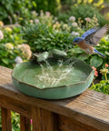 Ceramic Bird Bath For Outdoors On Ground, 9.5 Inch Green Bowl, with birds on a wooden deck in a garden setting