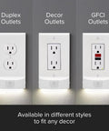 Motion Detecting LED Night Light Built Into Wall Plate For Duplex Outlets With No Sweat Install Auto On Off Sensor shown with outlet styles