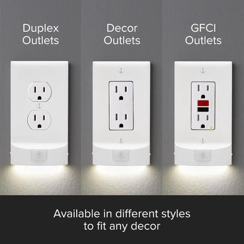Motion Detecting LED Night Light Built Into Wall Plate For Duplex Outlets With No Sweat Install Auto On Off Sensor shown with outlet styles