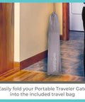 Portable Traveler Baby Gate For Doorways And Halls, Adjustable From 25.2 To 42.6 Inches, stored in light gray travel bag