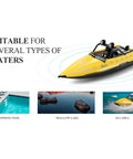 High Speed RC Jet Boat With 2.4GHz Remote Control for Teens and Adults displayed on water, ideal for various water types.