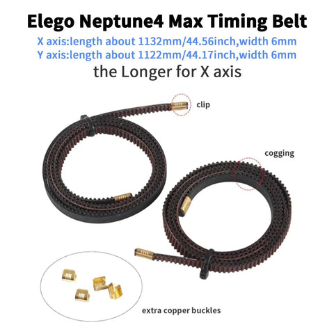 Neptune4 Max X Y Belt Upgrade Kit For 3D Printers Non Slip 2GT Timing Belts X Axis 1132mm Y Axis 1122mm 6mm Wide With Copper Buckle Synchronous Drive Easy Install Replacement Set, belts and copper clips