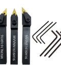Front view of three 5/8-inch MVJNR/MVJNL/MVVNN carbide turning tool holders with VNMG331 inserts and hex keys.