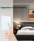 Room view with hand using Wall Touch Light Switch No Neutral 2-Gang With White Tempered Glass Panel Double Touch Light Switch VL A801 01 4WG.