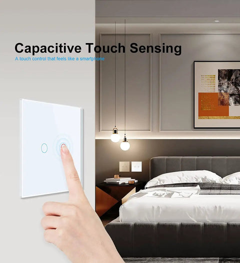 Room view with hand using Wall Touch Light Switch No Neutral 2-Gang With White Tempered Glass Panel Double Touch Light Switch VL A801 01 4WG.
