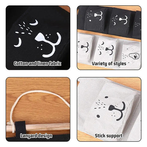 Three Pocket Wall Mounted Closet Organizer Hanging Storage For Clothes Tissue Socks Small Essentials Super Tough Cotton Linen Fabric close-up of lanyard design and fabric patterns.
