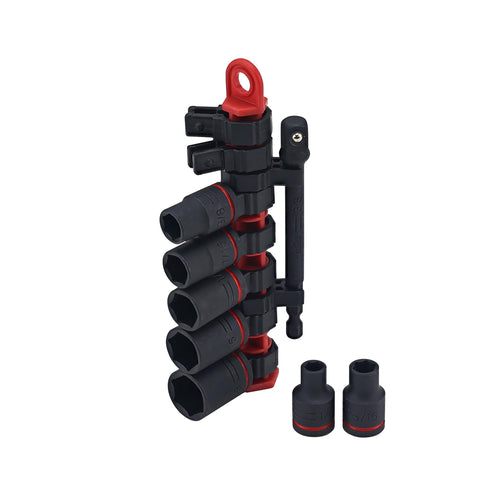 8 Piece 3/8 Inch Drive SAE Impact Socket Set With Heavy Duty Heat Treated Steel showing socket sizes and adapter