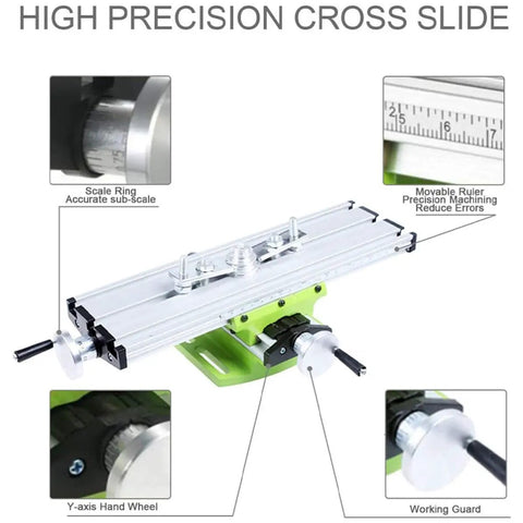 Boofaa Compact Multifunction Drill Press Platform For Milling Machines featuring a high precision cross slide, green finish, and accurate rulers.