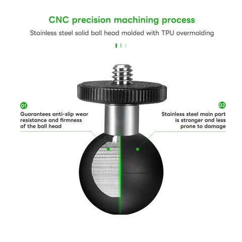 1 Inch Ball Head Mount Adapter with One Quarter Inch Twenty Threaded Stud for Action Cameras and Phone Mounts, Compatible with RAM Mount B Socket Arm, Ideal for Motorcycle Riding, Sports Photography, Dope Aluminum Build with Lifetime Warranty. CNC aluminum 1-inch ball head with 1/4-20 threaded stud