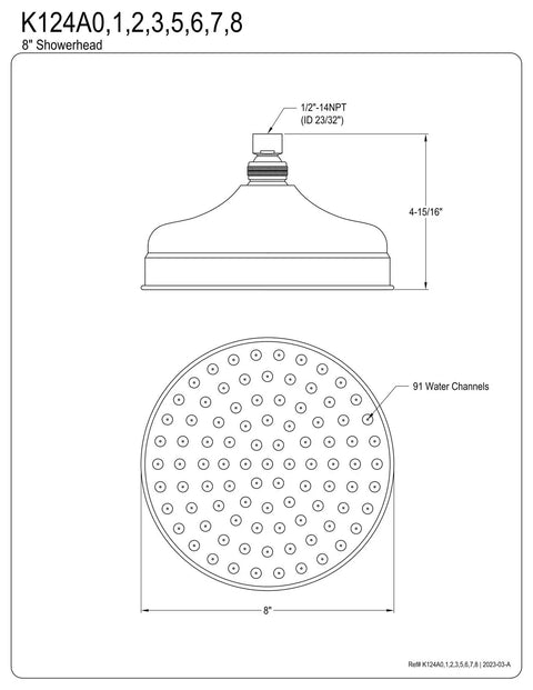 Diagram of Victorian Rain Shower Head In Brushed Brass; 8-inch diameter, 3-inch height, 91 water channels, 1/2-14 NPT connection.