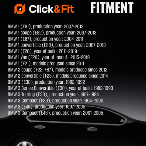 Car fitment chart for BMW models and production years.