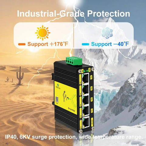 Rugged Industrial Five Port Gigabit Switch With DC 12 To 48V Input Din Rail And Wall Mount IP40 Protection displayed against desert and ice background.