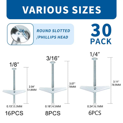 Heavy Duty Hollow Wall Anchors Kit For Drywall And Ceiling With Toggle Bolts And Wing Nuts 30 Piece DIY, various sizes shown