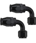 4AN PTFE Hose End Fitting 90 Degree Black Aluminum 6061 For PTFE Fuel Lines Beefy High Pressure 1500 PSI Temperature Range -65F To 252F 37 Degree AN Seal Works With PTFE Hose 2 Pack, two black 90-degree fittings