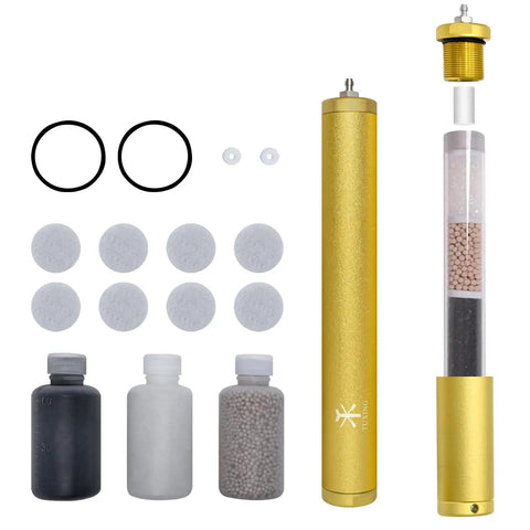 4500 Psi PCP Air Compressor Oil Water Filter With 8mm Quick Connector components, including gold anodized aluminum housing, seals, and filters