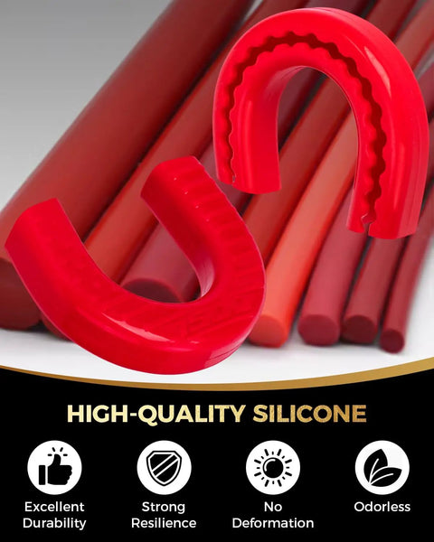 Red high-quality silicone tubing showcasing flexibility and resilience with icons for durability, resilience, no deformation, and odorless features.
