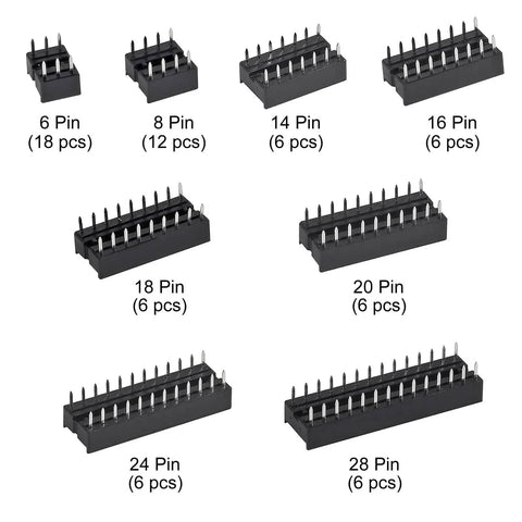DIP IC Socket Adapter Kit With 6 8 14 16 18 20 24 28 Pin Sockets Solder Type Connector Set for prototyping projects.