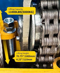 Close-up of ME-LM110S two-post car lift chain and locking mechanism on a yellow post, 11000 lb capacity