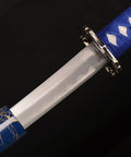Close-up of Three Piece Iaido Katana Set With Display Stand, Badass Blue Blade And Engraved Scabbard Pattern, Japanese Samurai Sword