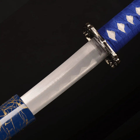 Close-up of Three Piece Iaido Katana Set With Display Stand, Badass Blue Blade And Engraved Scabbard Pattern, Japanese Samurai Sword