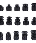 Pack Of Nine Small Black Anti Static Rubber Manipulator Vacuum Suction Cups For Industrial Pneumatic Tools Strong Suction Nozzles arranged in a grid.