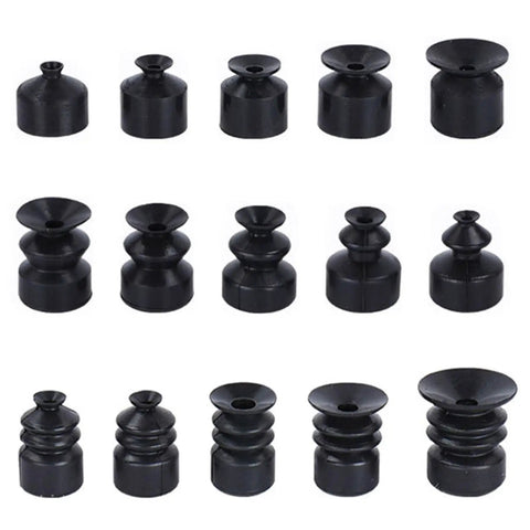 Pack Of Nine Small Black Anti Static Rubber Manipulator Vacuum Suction Cups For Industrial Pneumatic Tools Strong Suction Nozzles arranged in a grid.