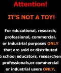 Warning text for educational, research, commercial, or industrial use only, stating it's not a toy.