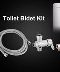 Toilet Bidet Attachment Kit With Hot And Cold Water Diverter Valve shown with flexible hose and T-shape adapter