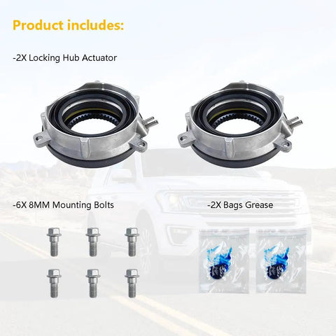 Hella Tough 4wd Auto Locking Hub Actuator Pair with 2 actuators, 6 bolts, and grease bags for easy installation.