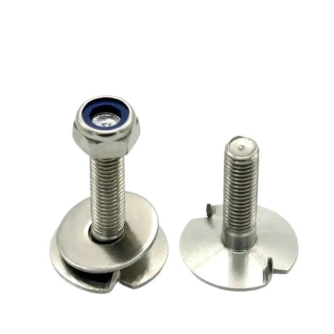 Top Shelf Rock Solid M6x25 304 Stainless Steel Fanged Bucket Elevator Bolt Kit with washers and locknuts, side view.