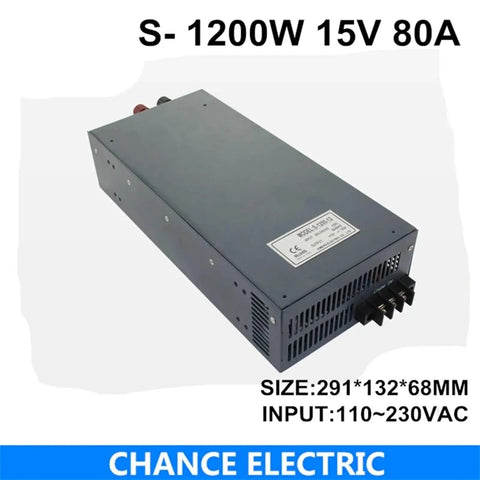 15V 80A 1200W Switching Power Supply For CNC Machines CCTV Systems And LED Lighting Wide 110-220VAC Input Single Output High Efficiency Industrial Power Adapter shown at an angle.