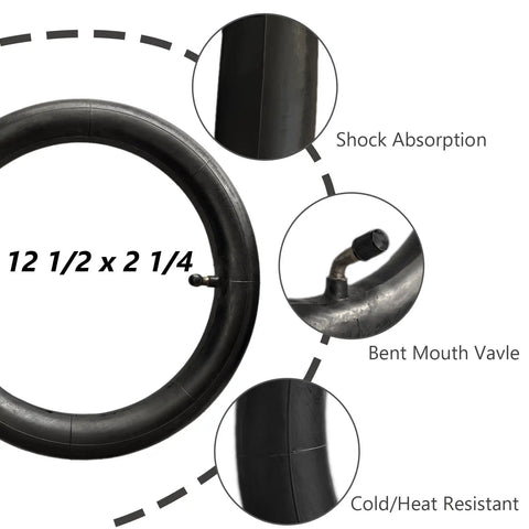 Two Pack 12.5 Inch Inner Tubes With Bent Valve Stems Thickened For Extra Comfort, details on absorption, valve, heat resistance