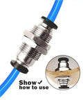 Push To Connect Pneumatic Bulkhead Union Fitting 6mm OD To 6mm OD For Air And Water shown connecting blue tubing, easy install.