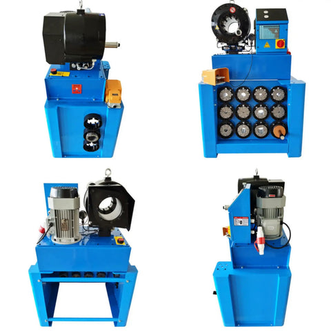 Heavy Duty Vertical Electric Hydraulic Hose Crimping Machine With Rock Solid Alloy Steel Dies And Pro Grade Three Phase Motor for industrial use, showing multiple angles and die options.